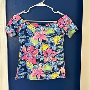 NWOT Women’s Lilly Pulitzer Keira Off the Shoulder Floral Nautical Blue Top XXS